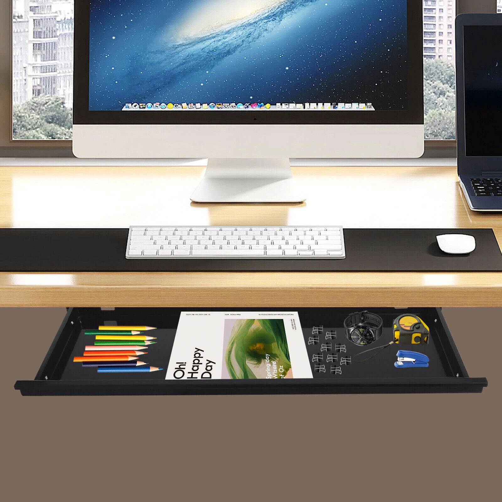 Under Desk Mounted Keyboard Tray Sliding Pull-out Storage Drawer Shelf Space Saver Black