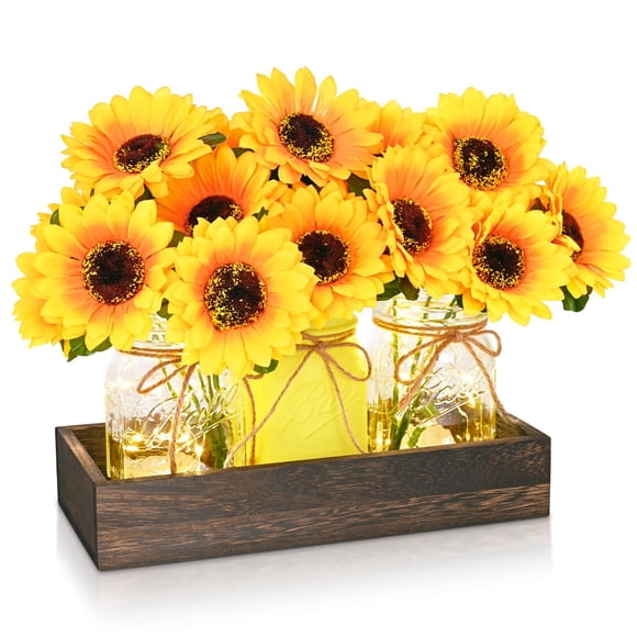 Centro de mesa para decoración de mesa, girasoles BLEUM CADE, con bandeja de madera