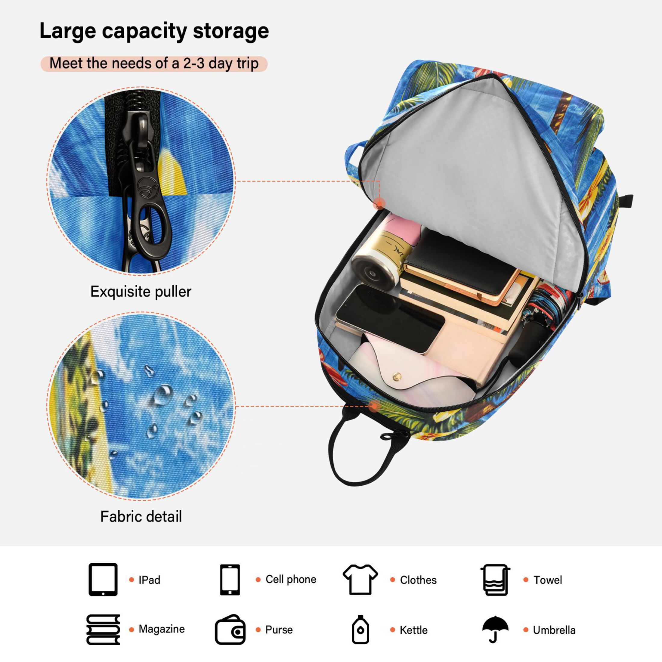 2 Racquet Holder Tennis Backpack Tennis Racket Covers Gym Bags Bright Blue Hawaiian