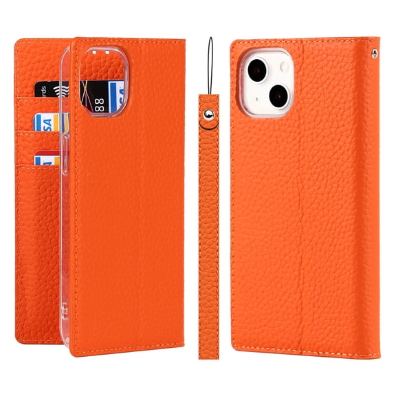 SaniMore Wallet Case for iPhone 14 Plus 6.7" 2022, Wrist Strap Flip Kickstand Card Slots Genuine PU Leather Shockproof TPU Shell Anti-fall Full-body Protective Cover For iPhone 14 Plus, Orange