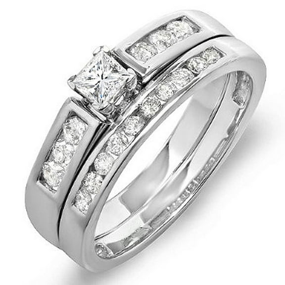 Dazzlingrock Collection 0.60 Carat (ctw) 14k Princess & Round Diamond Ladies Bridal Engagement Ring Set With Matching Band, White Gold, Size 5.5