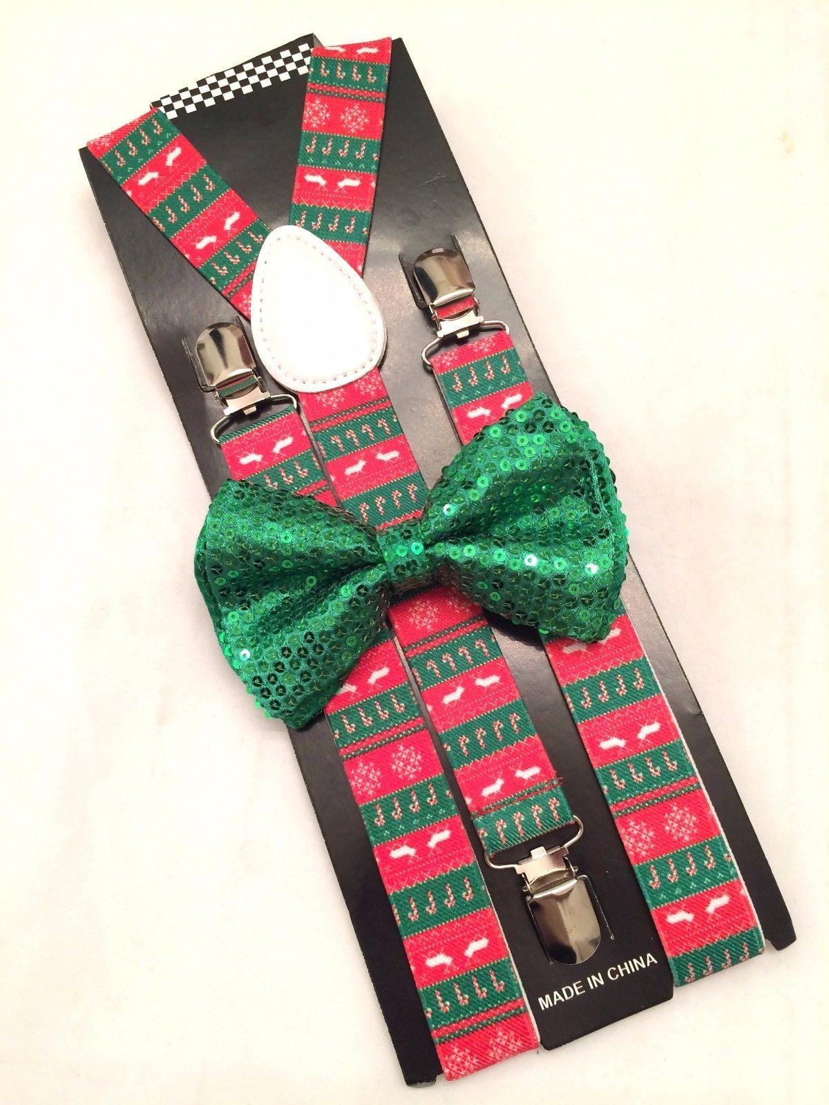 Christmas SUSPENDERS and Green Sequin BOW TIE Reindeer Matching set