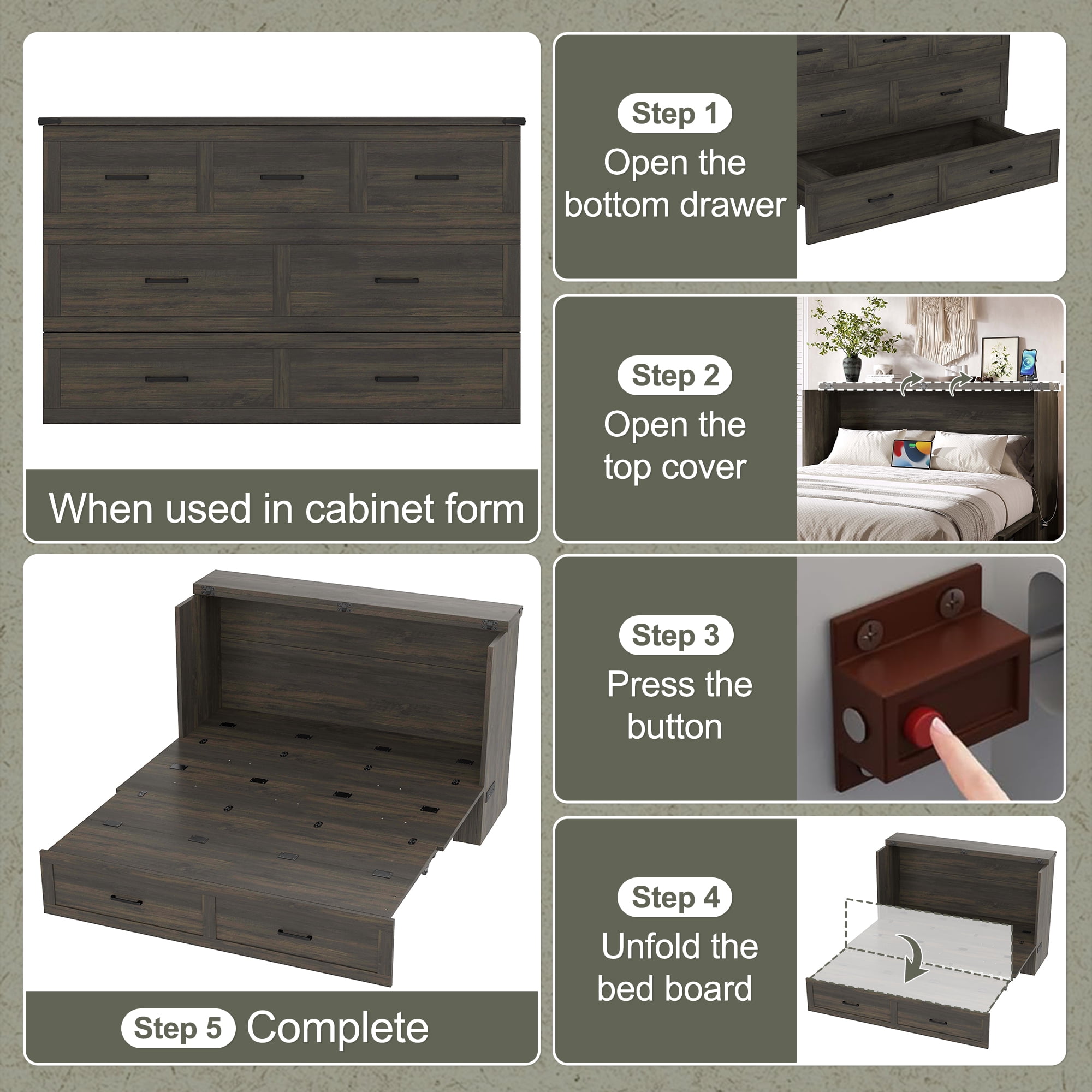 Mintazer Queen Murphy Cabinet Bed with Charging Station & Large Storage Drawer, MultiFunctional Foldable Platform Bed for Guest Room Bedroom, Brown