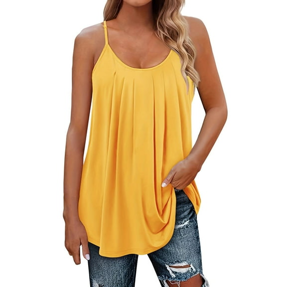 Yubnlvae Gold Women Pleated Top Shirt Spaghetti Strap Camisole Fit Casual Sleeveless Summer Tank Tops Fashion Shirt, L