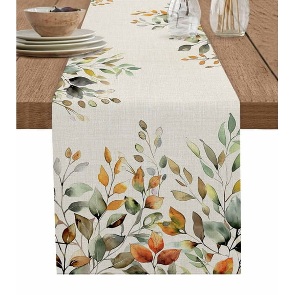 ERUNPONLY Orange Green Eucalyptus Leaves Table Runner - 72 Inch Long Fall Botanical Rustic Cotton and Linen Blended Dress Scarves Farmhouse Table Runner for Kitchen Dining, Coffee Table, 14"x72"