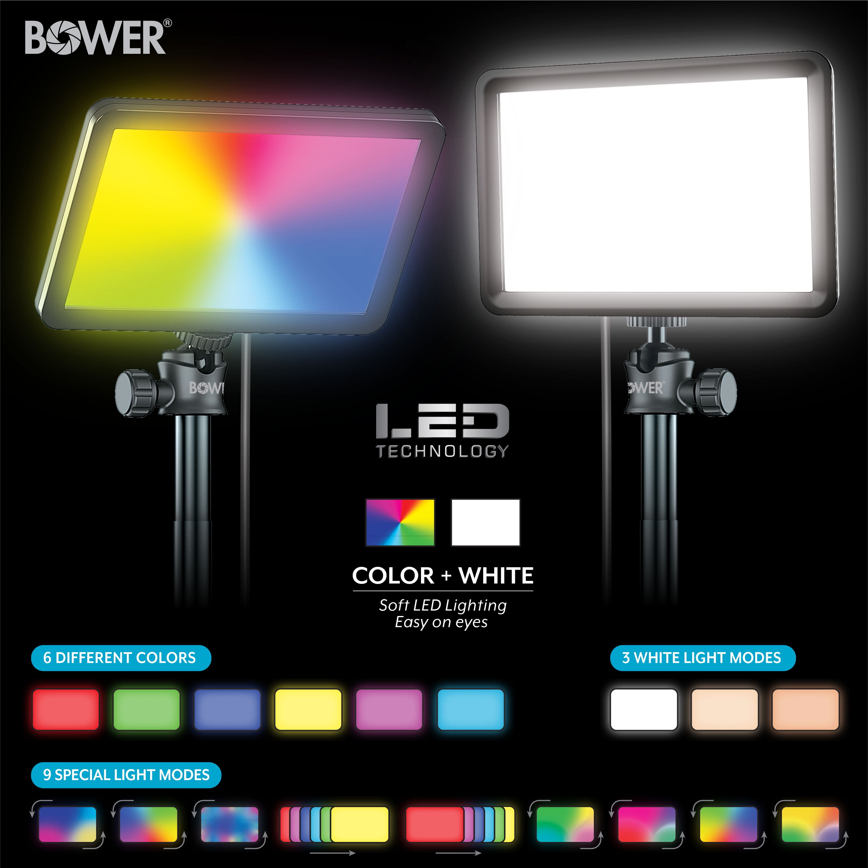 Bower 8" Creator LED RGB Light Kit 2-Pack w/ 32" Extendable Aluminum Stands , Perfect for Content Creation