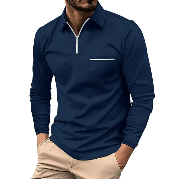 Camiseta de manga larga con solapa para hombre - Camisetas lisas informales para las fiestas - Tejido de poliéster - Tallas S-XXXL