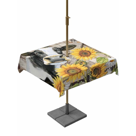 Outdoor Tablecloth with Umbrella Hole and Zipper, Retro Farmhouse Flower Square Table Cloth 60x60 Inch Waterproof Tablecloth, Yellow Sunflowers Cow Barn Doors Brown Picnic Table Cover for Patio