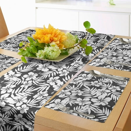 

Tropical Table Runner & Placemats Artisan Exotic Hibiscus Flowers Fern Leaves Pattern Nature Plant Picture Art Set for Dining Table Placemat 4 pcs + Runner 16 x90 Grey and White by Ambesonne