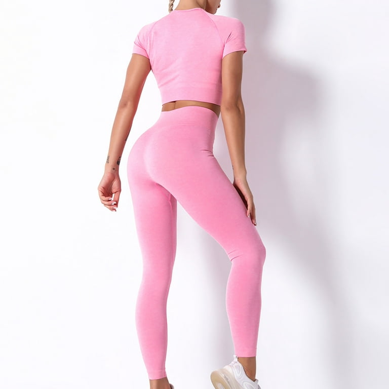 RQYYD Women's Workout Outfit 2 Pieces Seamless High Waist Yoga Leggings  with Long Sleeve Crewneck Crop Top Gym Clothes Set Hot Pink M 