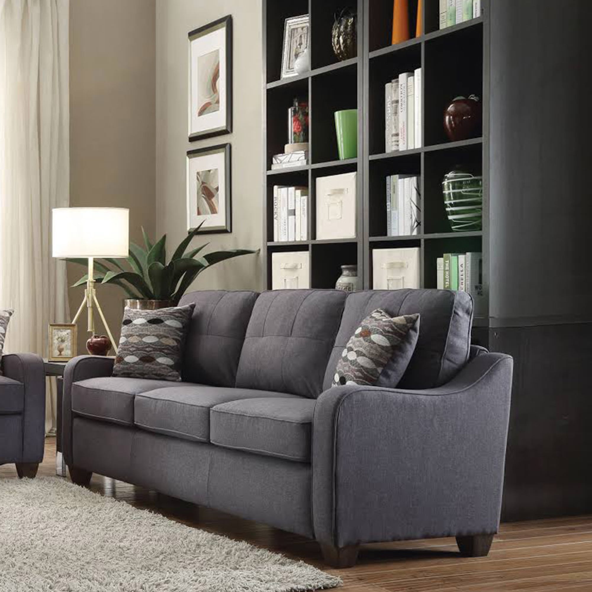 Elegant Gray Linen Tufted Sofa with Removable Cushions and Wood Accents