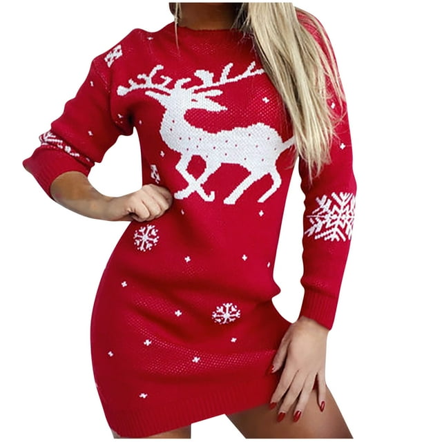 Vestido de suéter de Navidad de alce con cuello redondo para mujer, suéter de manga larga suelto de punto informal Fridja nbo851