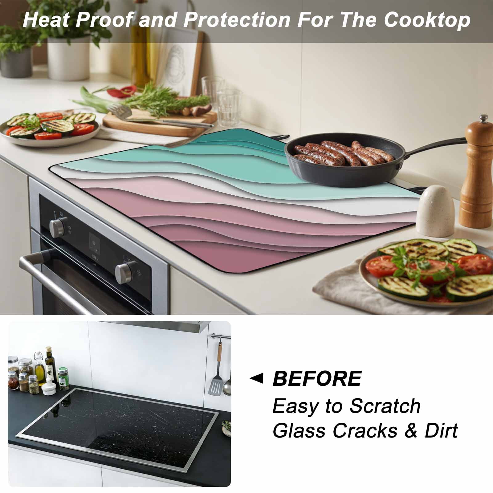 Green Ombre Stove Top Cover for Electric Stove, Heat-proof & Non Slip Glass Top Stove Cover Protector, Modern Geometric Abstract Dark Red Cream Kitchen Flat Cooktop Rubber Mat 24x21 Inches