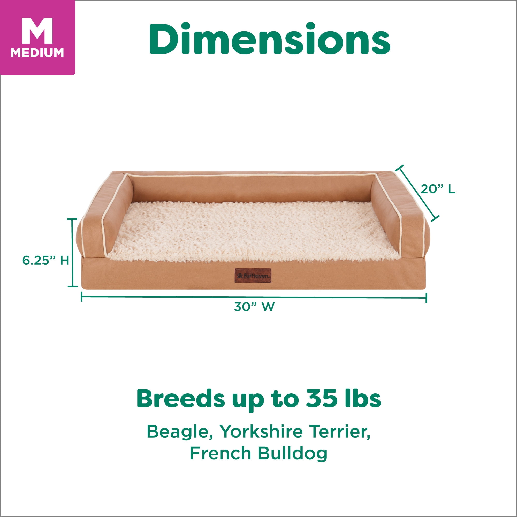 FurHaven Medium (20"x30") Orthopedic Dog Bed – Textured Plush & Coated Poly Modern Sofa Pet Bed, CertiPUR-US Foam, Removable Washable Cover, Camel