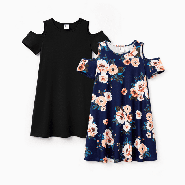 PatPat Lot de 2 Robe Décontractée pour Fille, à Fleurs et Unie, Ajourée