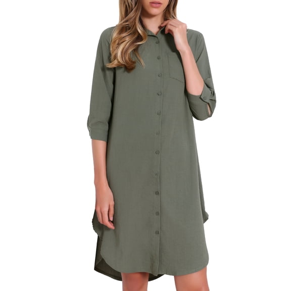 DARING DIVA Button Down Shirt Collar 3/4 Sleeve Shirts Dress XS Army Green
