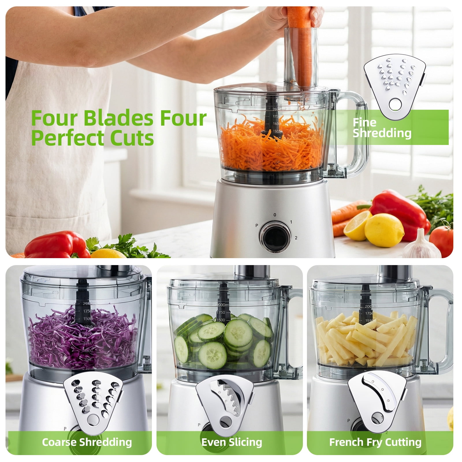 RUIE 12 Cup Food Processor with Salad Spinner for Chop, Puree, Slice, Shred and Knead Dough,Suitable for Cheese, Meat and Veggie Prep,Silver