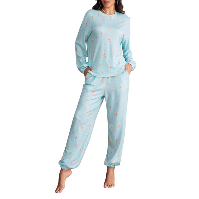 SUNSIOM Femmes 2 Pièces Pyjama Ensemble Manches Longues Col Rond Gobelet Impression Tops Cordon Pantalons Ensembles de Vêtements de Nuit
