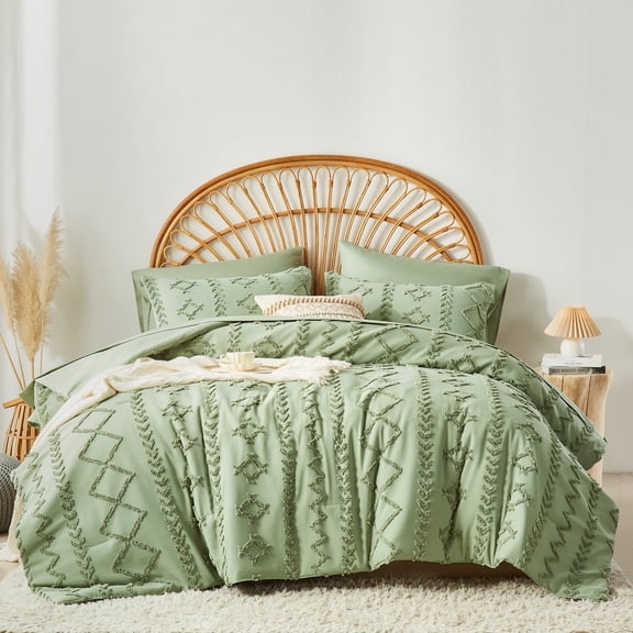 Davulos Boho Comforter Set King ,7 Pieces Bed in a Bag Tufted King Size Comforter Shabby Chic Embroidery Bed Set ,Soft Geometric Pattern Bedding King for All Seasons