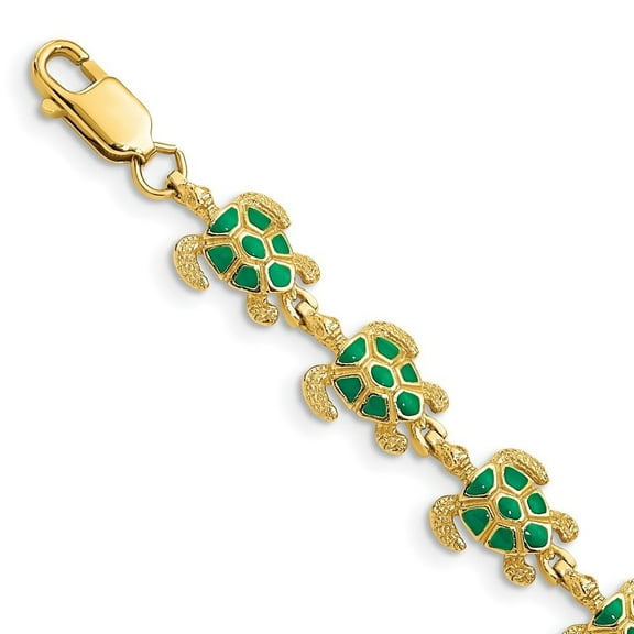 Auriga Fine Jewelry 14K Yellow Gold Green Enamel Sea Turtle Bracelet 7 inch for Women