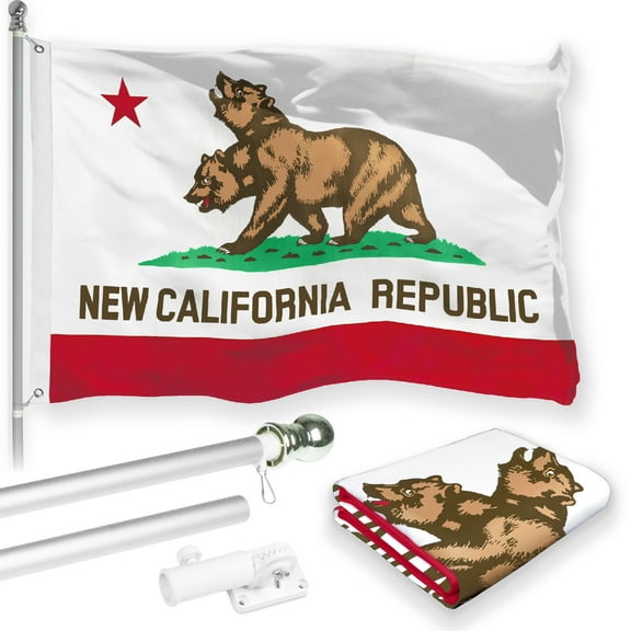 G128 Combo Pack: 6 Feet Tangle Free Spinning Flagpole (Silver) California Double Headed Bear Flag 3x5 ft Printed 150D Brass Grommets (Flag Included) Aluminum Flag Pole