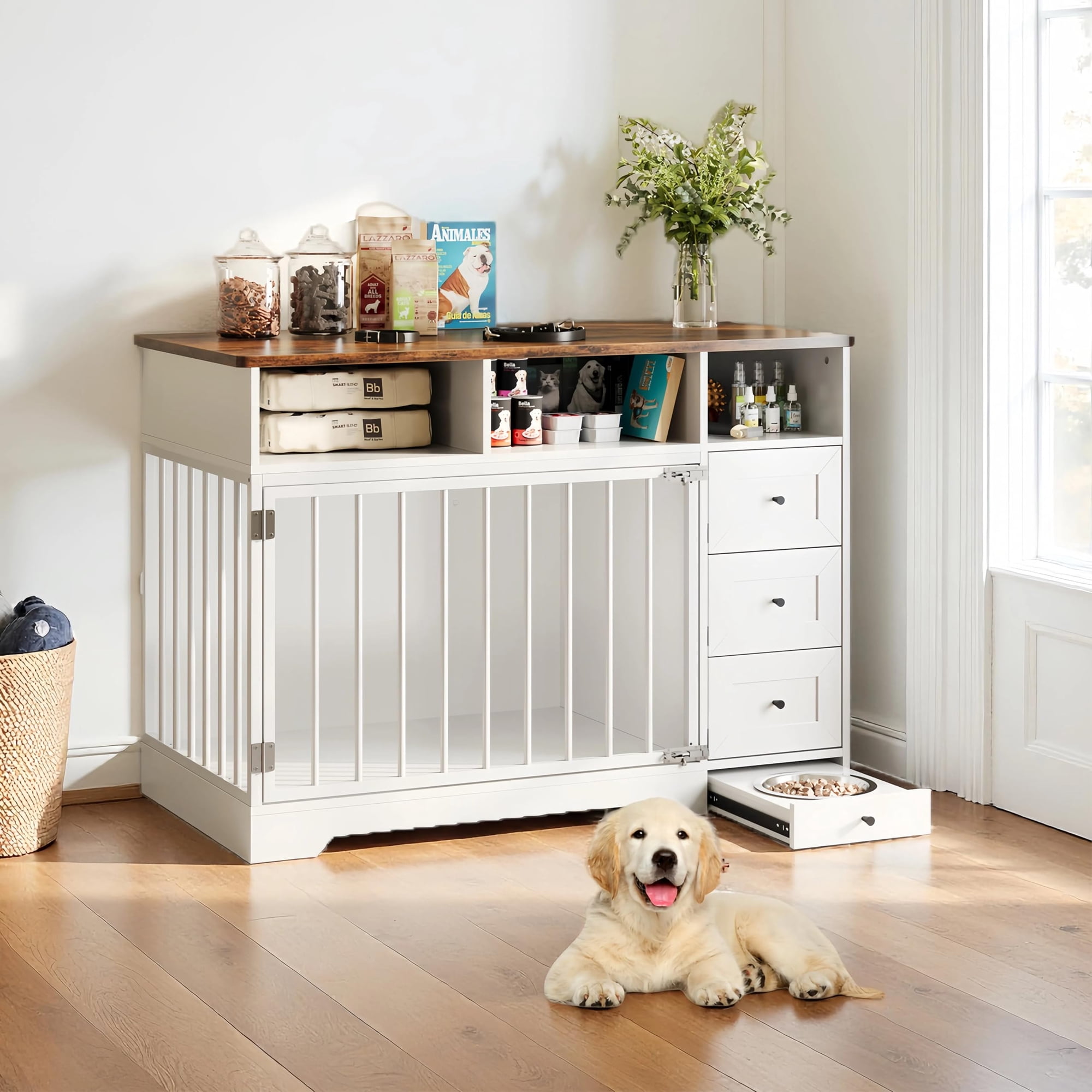 Yeshouse 48 Decorative Dog Crate Furniture Heavy Duty End Table Kennel with Food Bowl & Drawers for Small/Medium Dogs