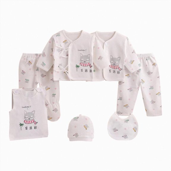CAUYDY Baby Girls Shower Gift Preemie Boys Clothing Unisex Newborn Layette 2 Long Sleeved Shirt 2 Pants Hat Bib Bellyband 7 Pieces Soft Set Sizes 0-3 Months,Beige