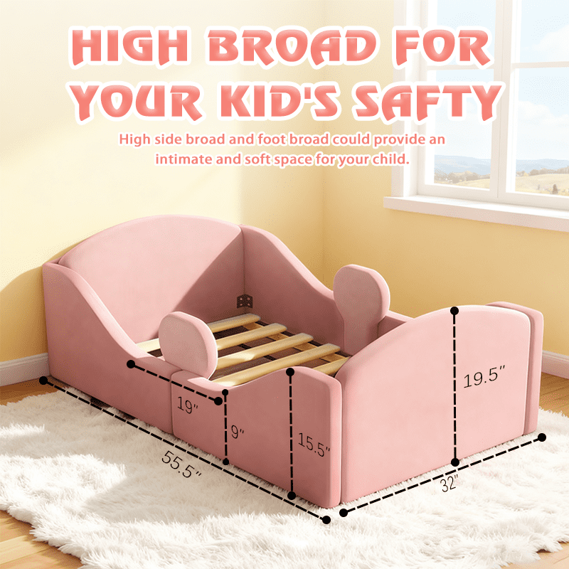 Datingday Toddler Floor Bed with Removable Safety Rails – Ultra Soft Upholstered Low-Profile Kids Bed, Standard Crib Size (Fits 52" x 28" Mattress), Pink, for Easy Crib-to-Big-Kid Bed Transition
