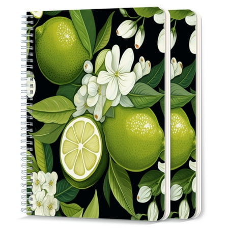 Spiral Notebook,College Ruled Journal,8.26" x 5.71" 50 Sheets/100 Pages,2 Pack - Lime And Jasmine Flower Seamless Pattern on Black Background