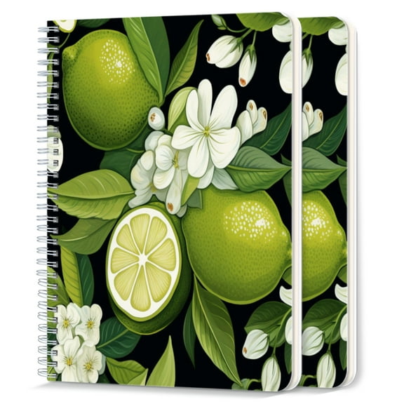Spiral Notebook,College Ruled Journal,8.26" x 5.71" 50 Sheets/100 Pages,2 Pack - Lime And Jasmine Flower Seamless Pattern on Black Background