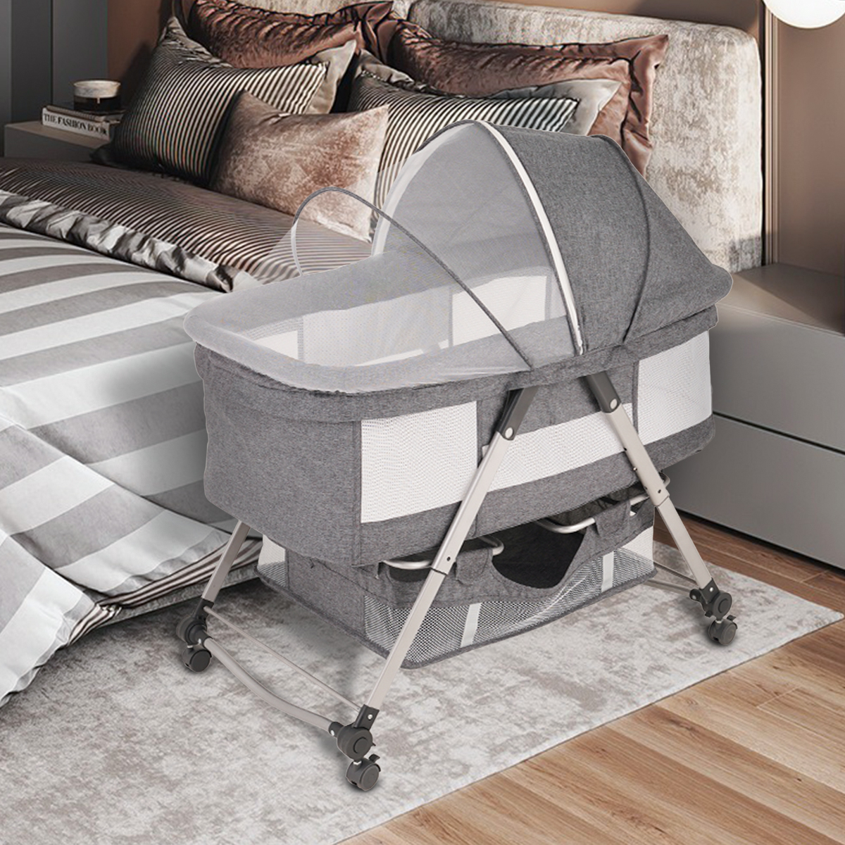 KERROGEE Bedside Bassinet Portable Crib with Adjustable Canopy