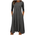 thumbnail image 3 of NSLGXD Women's 3/4 Sleeve Casual Dress Crew Neck Solid Color Pleated Midi Dresses Summer Work Office Formal Dress with Side Split Gray Dress,Size S-2XL, 3 of 6