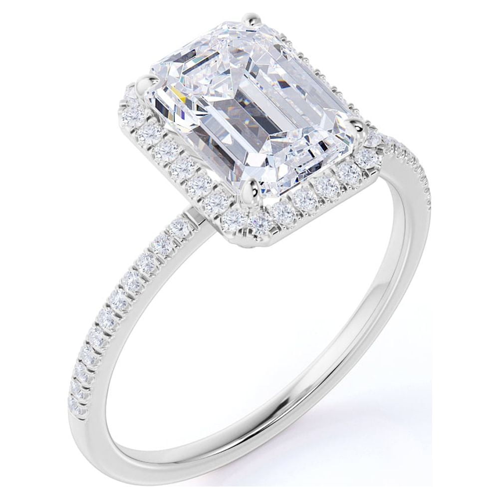 JeenMata 1.75 Carat Emerald Cut Moissanite Engagement Ring - Bridal Set - Halo Ring - Cluster Ring - 18k White Gold Over Silver