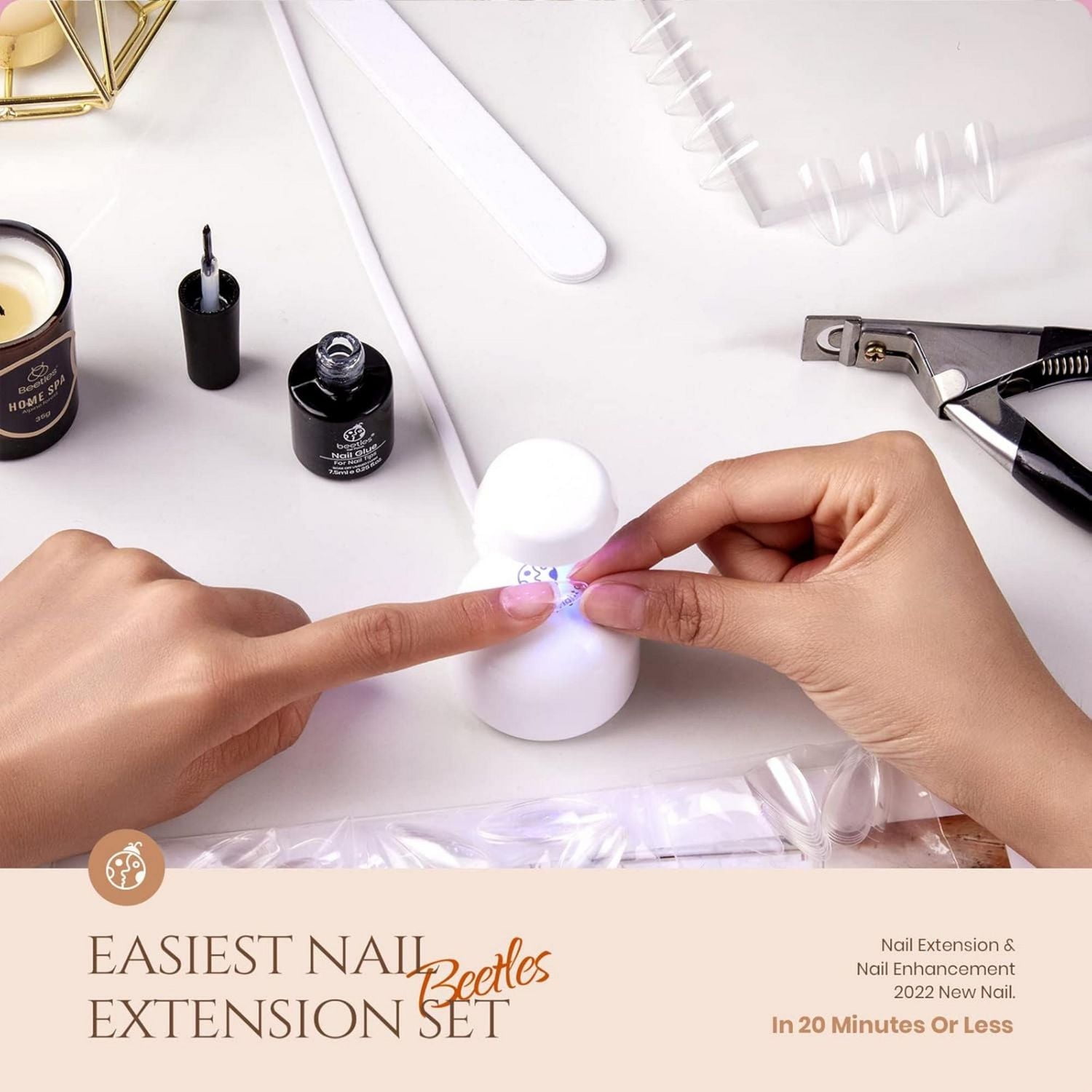 Ensemble d'ongles en gel Beetles, extensions d'ongles faciles, colle gel 5 en 1 avec 240 faux ongles préformés en amande moyenne et lampe UV, coupe-ongles en acrylique, cadeaux d'art DIY pour elle