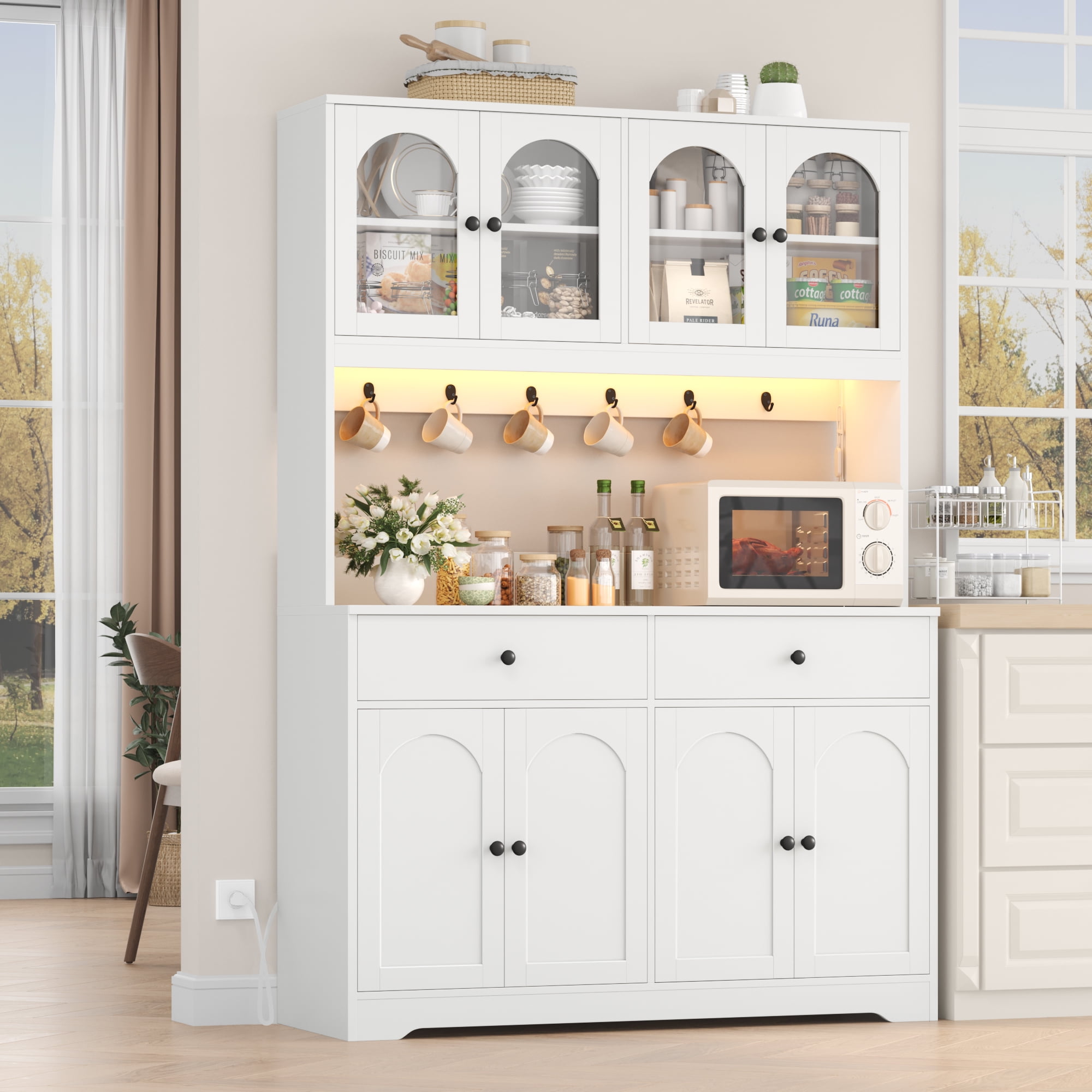 Homfa 71" Kitchen Pantry with LED Lights and Charging Station, Freestanding Kitchen Cupboard with Storage and Microwave Stand, Floor Cabinet for Dining Living Room, White