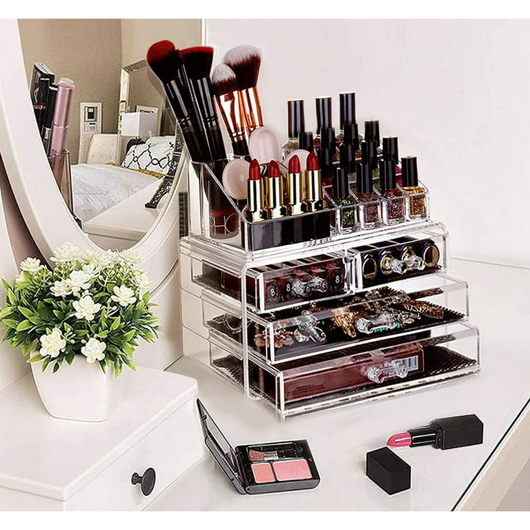 HBlife Clear Acrylic Makeup Organizer, 2 Pieces Vanity Makeup Case with 4 Storage  Drawers, 2 Tier Bedroom Cosmetic Display Case, Skincare Bathroom Counter  Organizer 