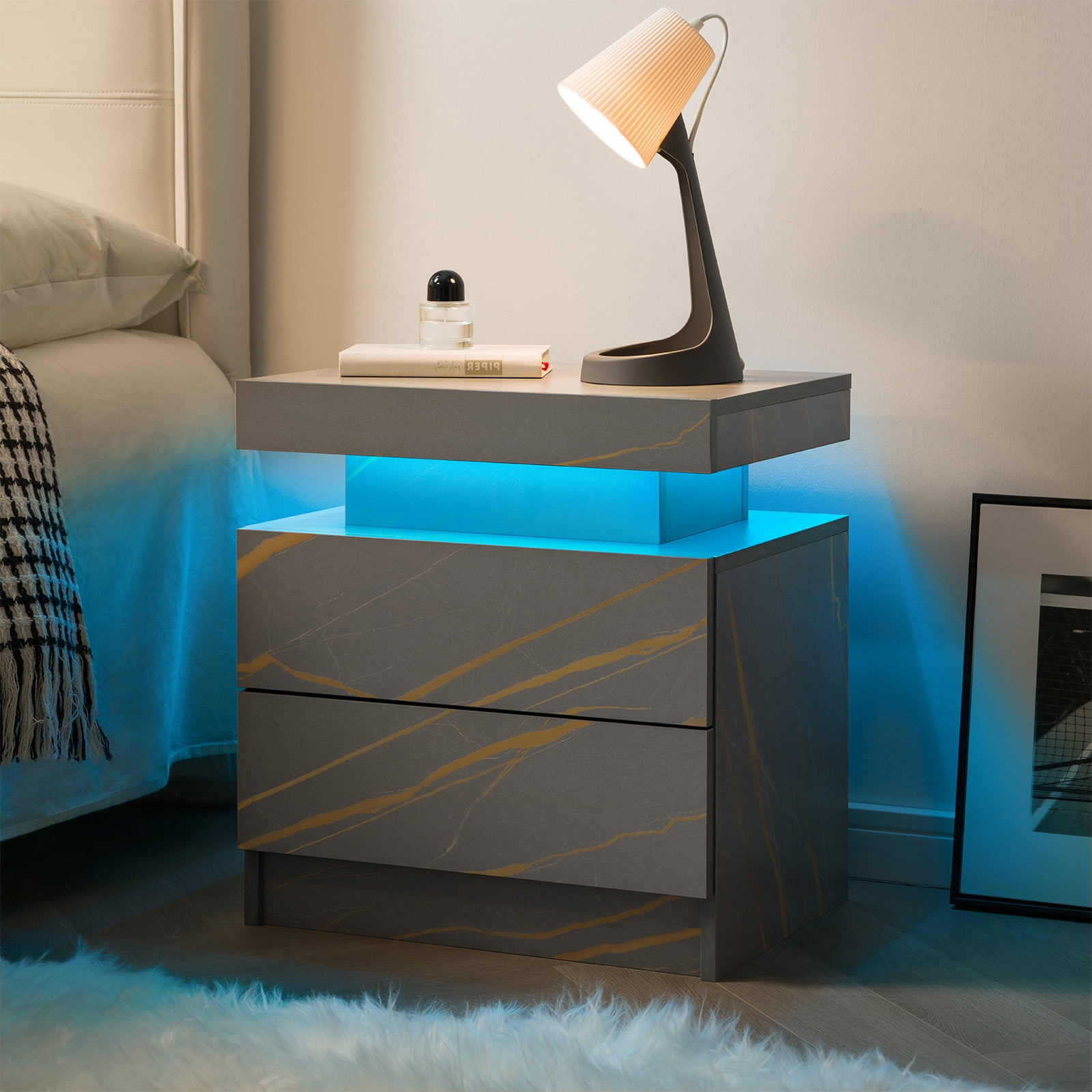 Leumius 2 Drawer Modern Nightstand with LED Light Small Bedside Tables End Side for Bedroom,Grey+Gold