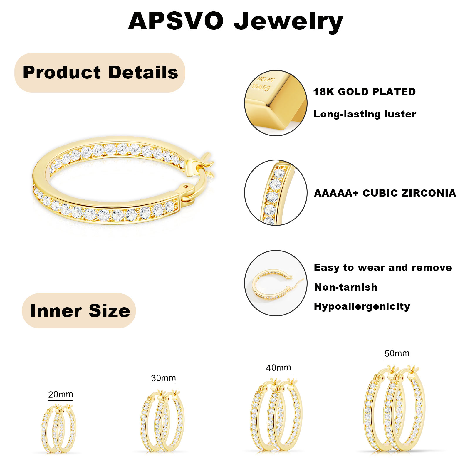 APSVO 2-Pair 18K Gold Plated Hoop Earrings with CZ photo 6