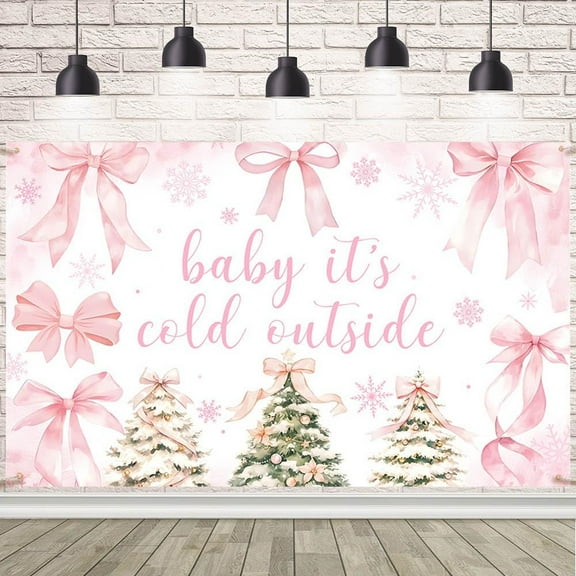 Pink Baby It's Cold Outside Baby Shower Backdrop Cute Bow Winter Woodland Baby Shower Party Decorations Banner Snowflake Winter Photography Background