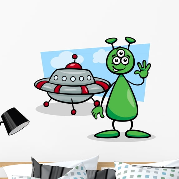 Alien Ufo Cartoon Wall Mural Decal by Wallmonkeys Vinyl Peel and Stick Graphic (36 in W x 31 in H)