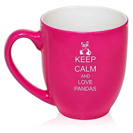 

16 oz Hot Pink Large Bistro Mug Ceramic Coffee Tea Glass Cup Keep Calm and Love Pandas