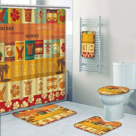 PRTAU Retro Travel Cards Collection Holiday in Hawaii Icons Summer Vintage 5 Piece Bathroom Set Shower Curtain Bath Towel Bath Rug Contour Mat and Toilet Lid Cover