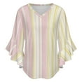 thumbnail image 5 of Pink And Yellow Striped Pattern Women's V-Neck Blouse With 3/4 Ruffled Bell Sleeves Casual Top Ladies Blouses, 5 of 7