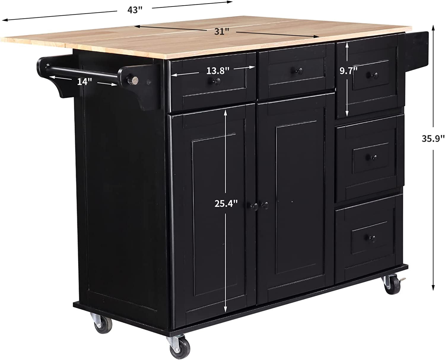 Homrest Kitchen Cart Rolling Mobile Island with Wooden Countertop, Adjustable Shelves and Drawers, Black