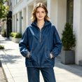 thumbnail image 3 of Women's Half Zip Denim Hoodie Pullover Jackets Jean Tops Oversized Long Sleeve Hooded Shirts with Front Pocket Casual Fall Outerwear, 3 of 5