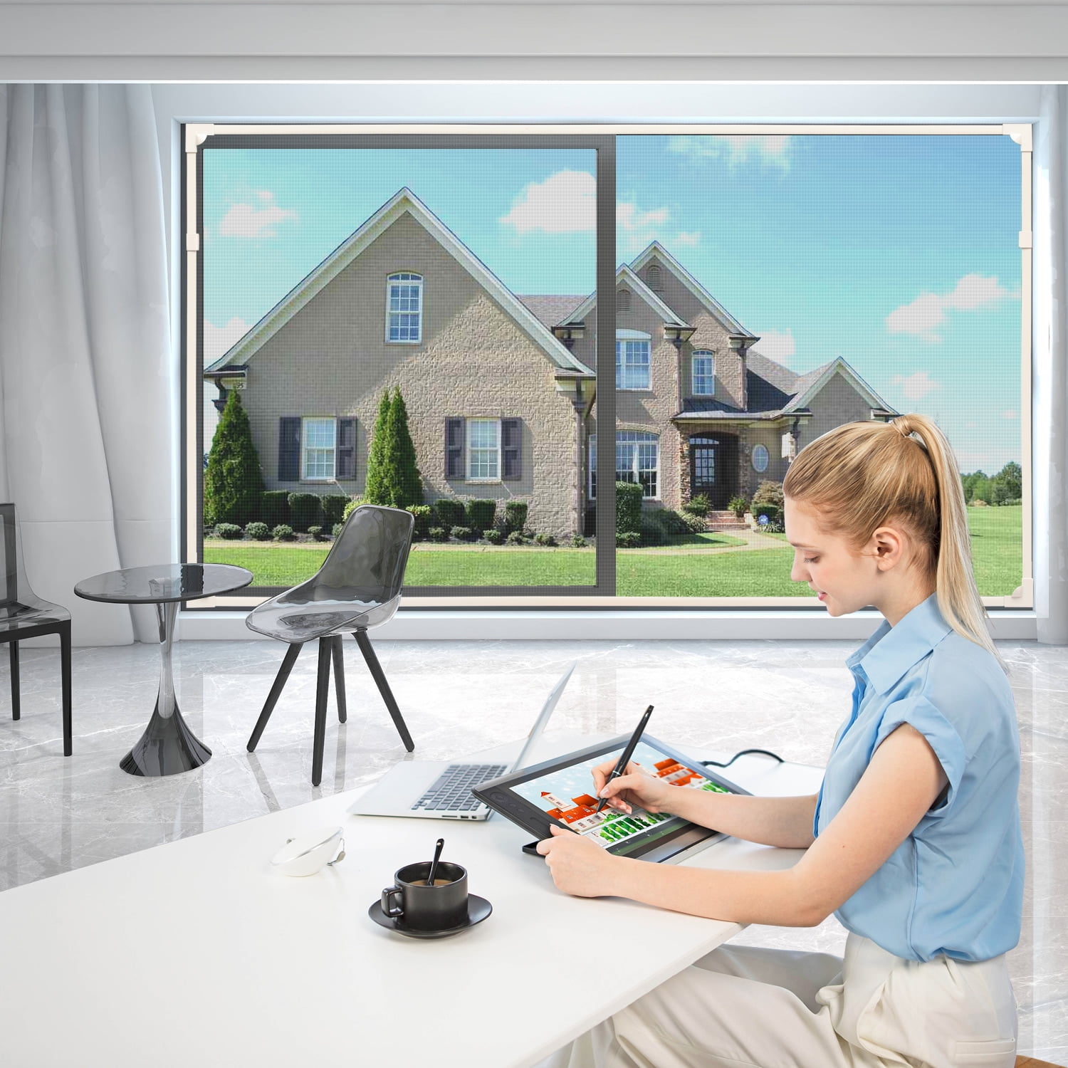 DIY Magnetic Window Screen, Window Screen Net Kit White Frame with Adjustable Gray Fiberglass Mesh Easy and Fast Installation (32"x24"(81x61CM))
