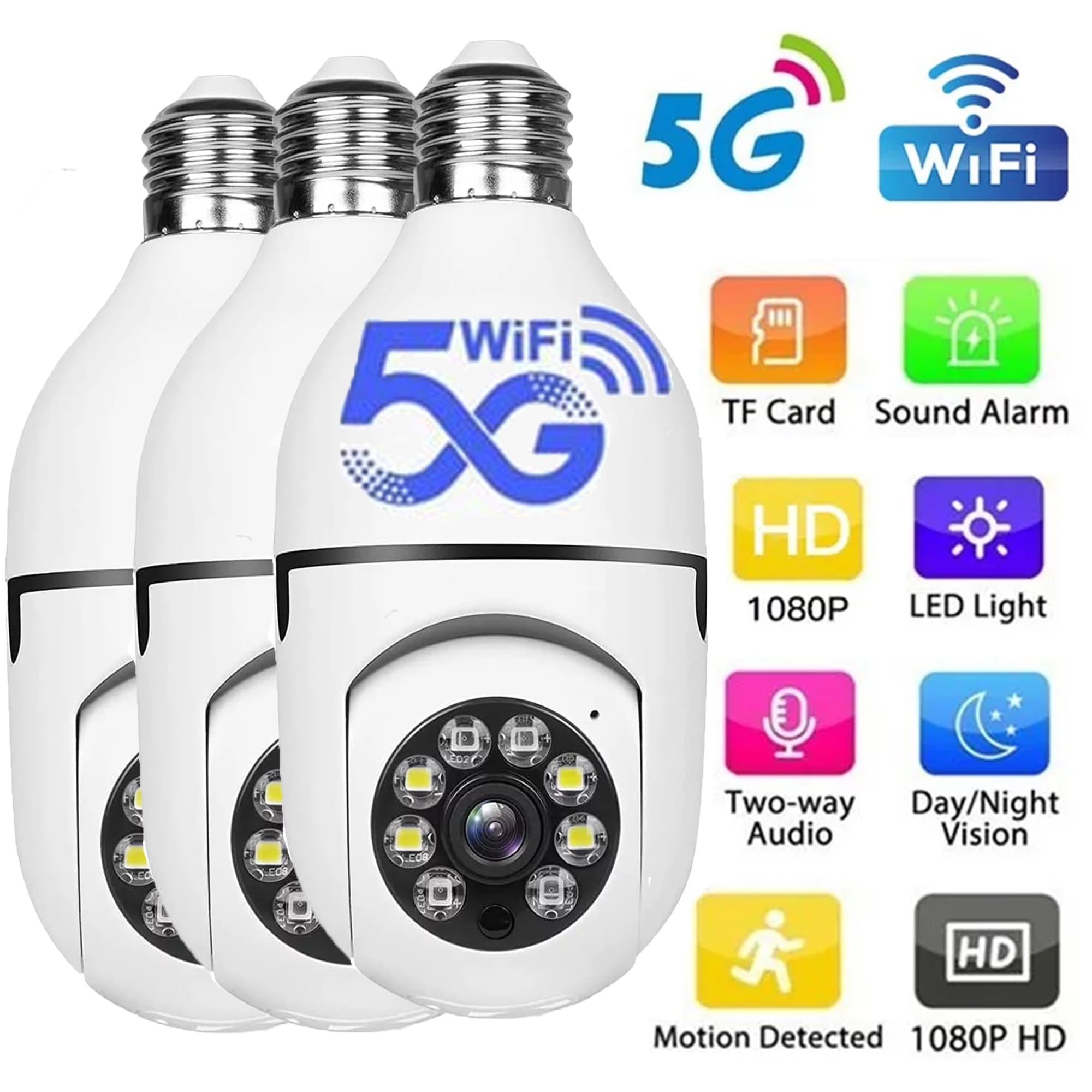 3 Pack Indoor/Outdoor Light Bulb Security Cameras WiFi 360, TF Card
