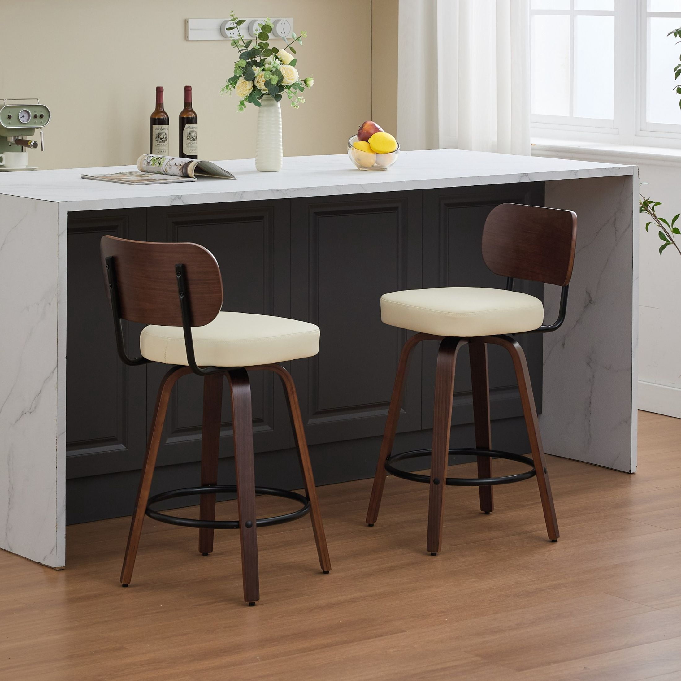 Noble House Set of 2 Swivel Bar Stools, Faux Leather Seat, Bentwood Frame, Walnut + Beige