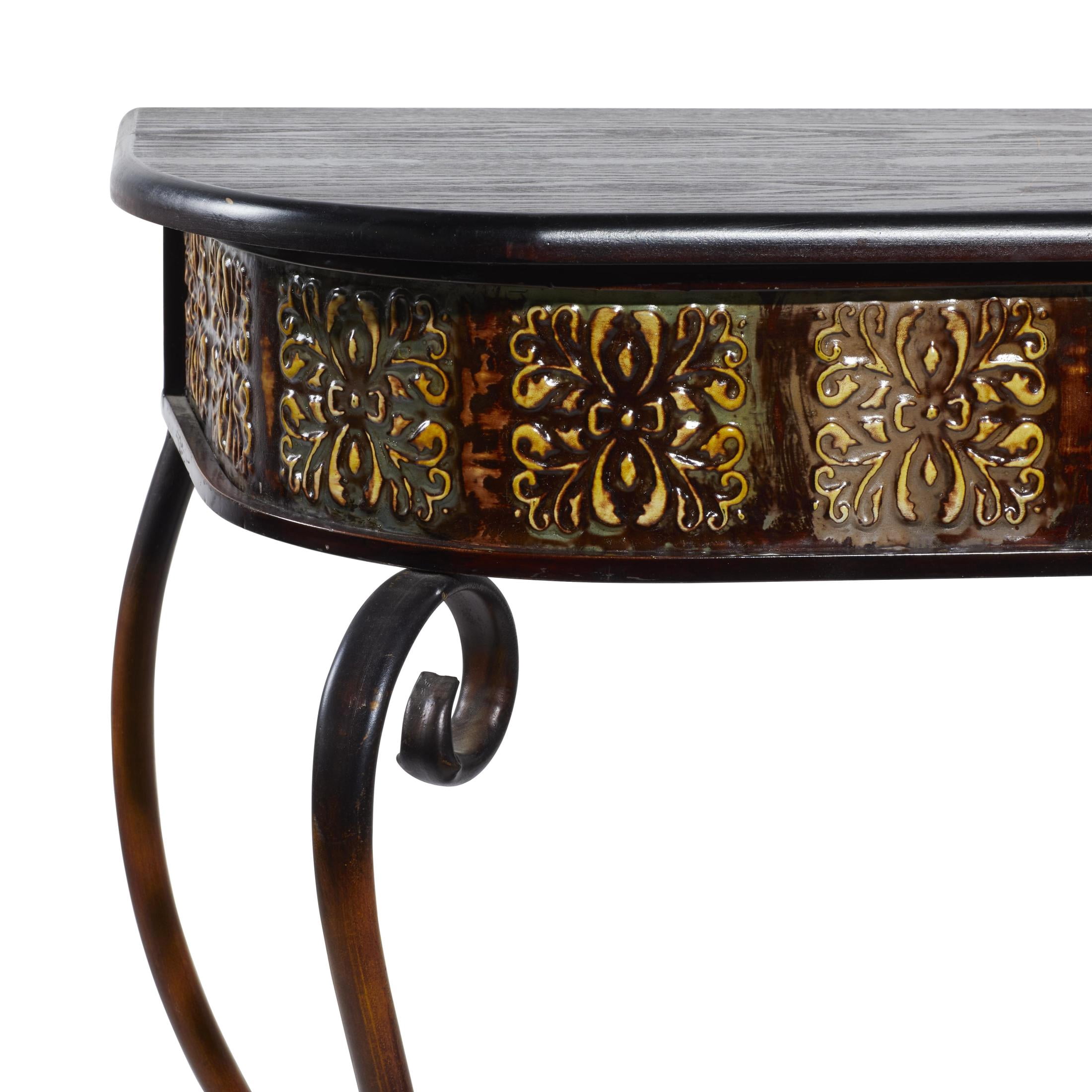 DecMode Traditional Brown Wood and Metal Console, Entryway, Hallway Table with Ornate Detailing and Round Edges, 43"W x 32"H