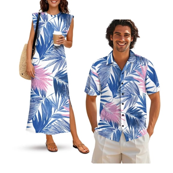 KUIFORTI Matching Couple Outfits Quick-dry Tropical Palm Leaf Husband and Wife Clothing Womens Summer Dresses with Pockets Round Neck for Summer Vacation Trip